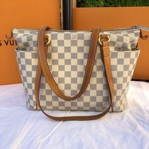 Louis Vuitton Totally MM in Damier Azur fabric.